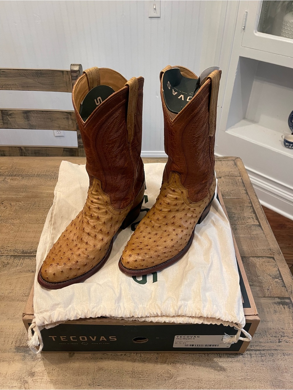 Tecovas Two-Tone Tan & Brown Ostrich Western Boots